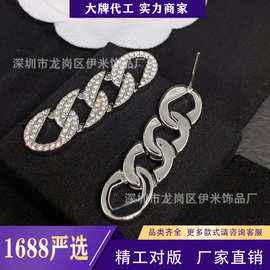 个性CElogo家925银针简约耳环设计黄铜链条原创晶钻耳饰工厂直销