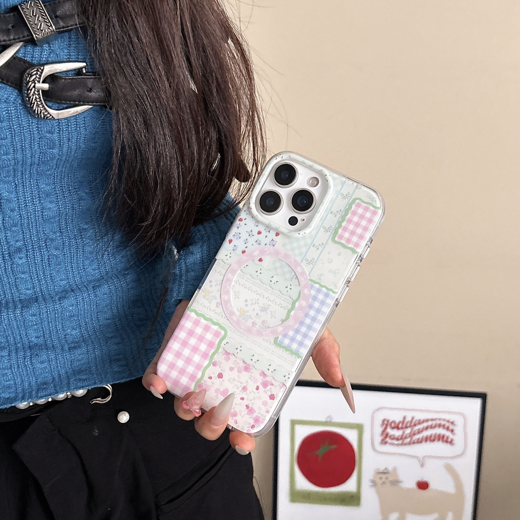 RJ floral a cuadros rosa-púrpura con costura de una sola concha magnética