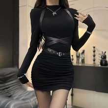 黑色性感辣妹连衣裙子女春秋季2025年新款长袖打底修身小妈包臀裙