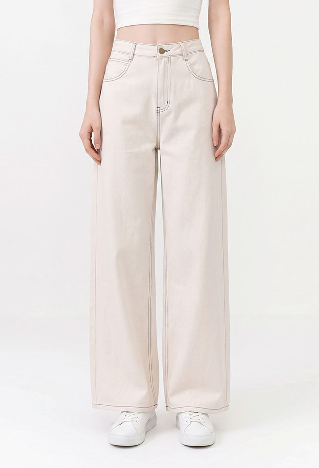 Quần jeans nữ ống rộng lưng cao dáng suông có đường chỉ nổi — Gạo trắng chi tiết 1