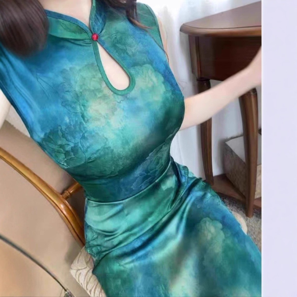 9133 # Summer Sleeveless Water Drop Jacquard Satin Mid-Length Cheongsam Dress