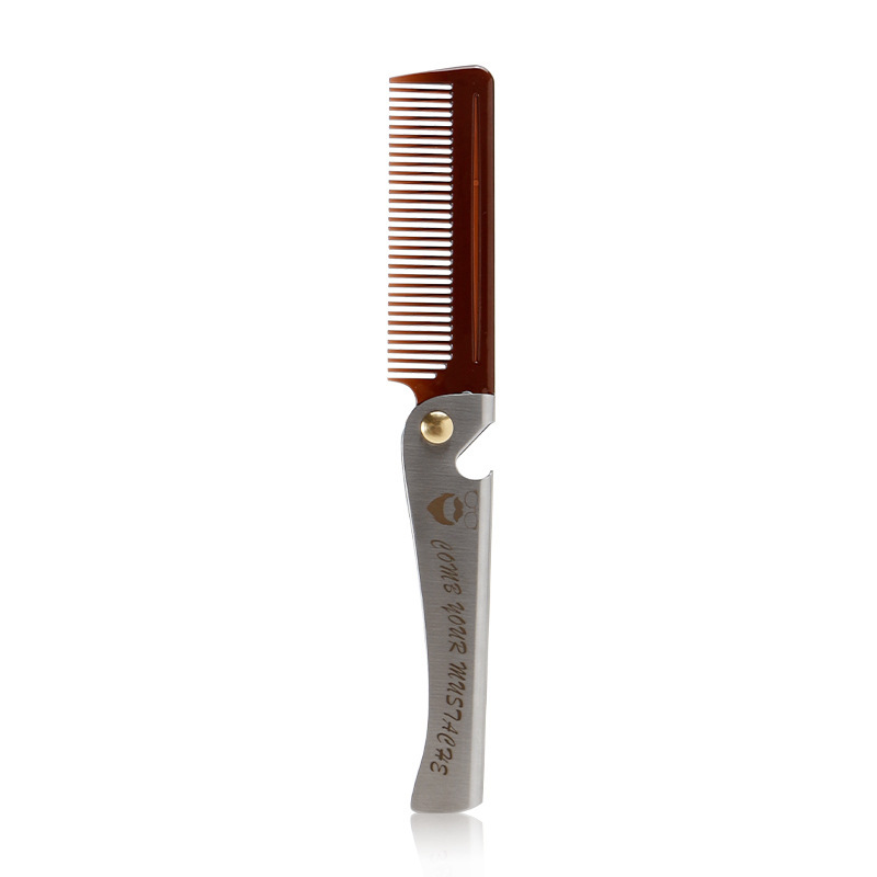 Men's oil head folding modeling comb electroplating stainless steel portable plastic dense tooth hairdressing beard care beard comb