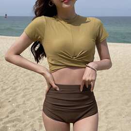 源头工厂2021新款韩版少女半袖分体高腰泳衣女 保守度假温泉泳装