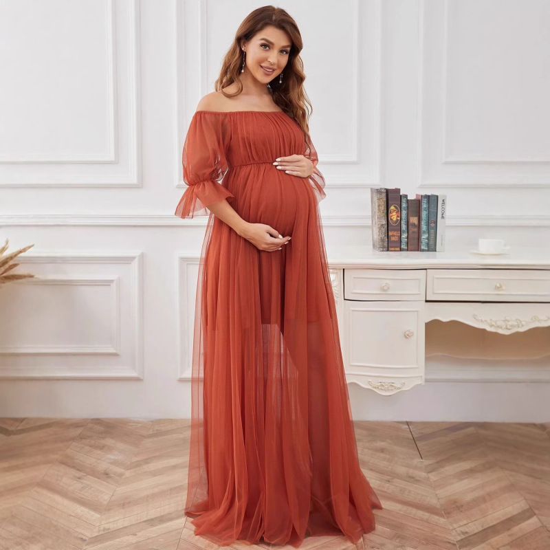 Cross-Border European and American Evening Dress Short-Sleeved Solid Color One-Shoulder Maternity Dress Sheer Long Maternity Dress