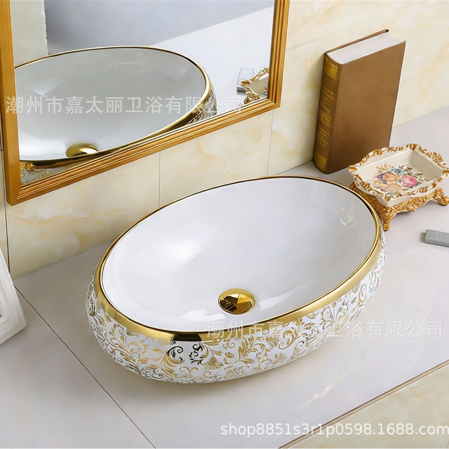 Exportación de alta temperatura color oro tablero lavabo lavabo de cerámica ligera de lujo fábrica de hotel lavabo galvanizado al por mayor