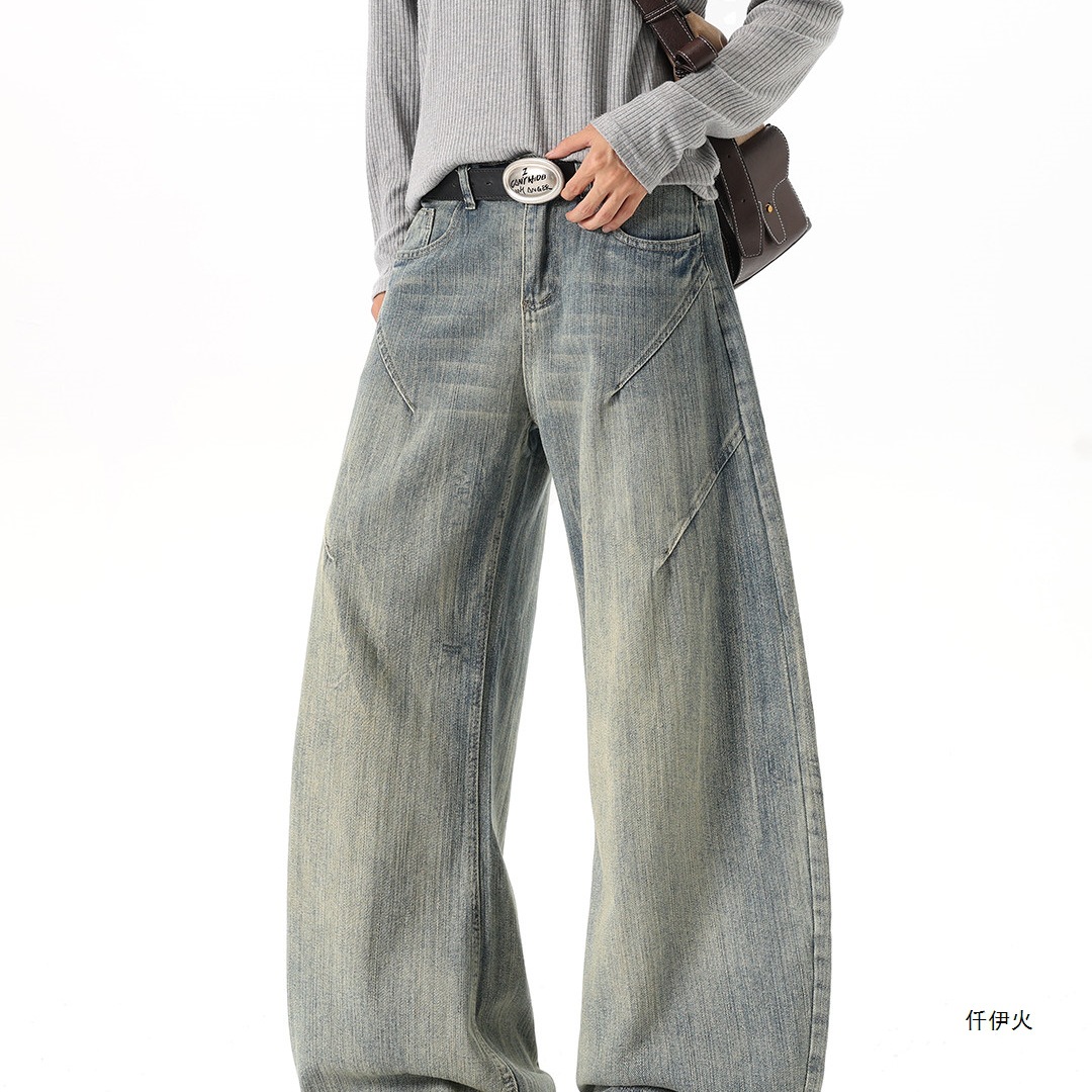 Curved-leg, straight-cut, floor-length trousers, American-style wide-leg, washed, textured, deconstructed, vintage denim pants for men