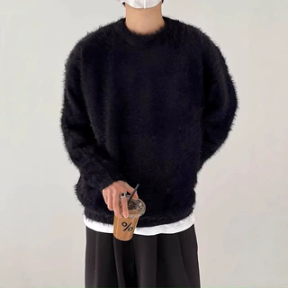 黑色早春针织衫外套男高级感东莞大朗海马毛毛衣复古日系慵懒上衣