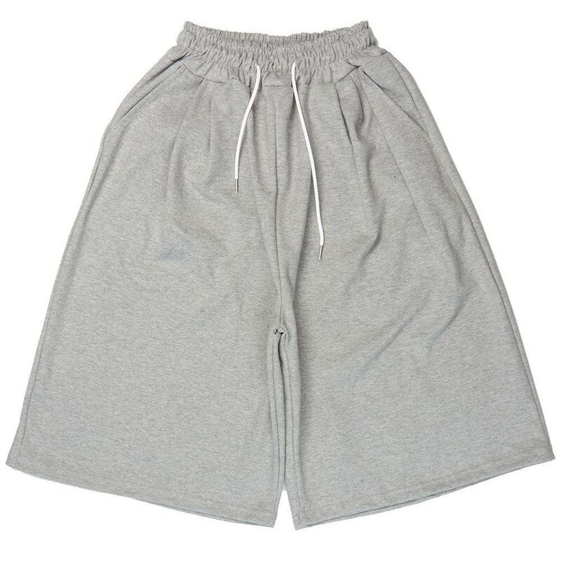Summer Trendy Gray Elastic Waist Casual Pants for Men and Women, Street Hip-Hop Style Loose Wide-Leg A-Line Cropped Pants
