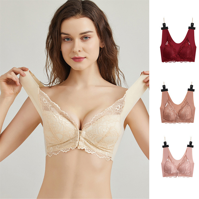 Cross-Border Foreign Trade Wholesale Front Buckle Large Size Lace Bra Without Rims Push-Up Breathable Big Breasts Slimming Women's Underwear