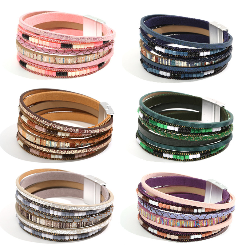 Cross-border Hot Sale Multi-layer Leather Bracelet Bohemian Style Leather Woven Magnet Buckle Hand Strap Jewelry Fashion Wristband Cross-border Hot Sale Multi-layer Leather Bracelet Bohemian Style Leather Woven Magnet Buckle Hand Strap Jewelry Fashion Wristband