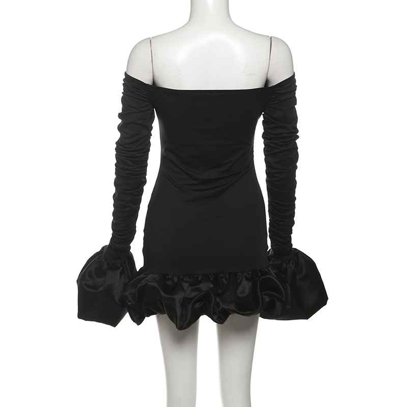 Winter Women Clothing Sweet Fresh off Neck Tube Top Puffed Sleeves Pleated Short Dress
