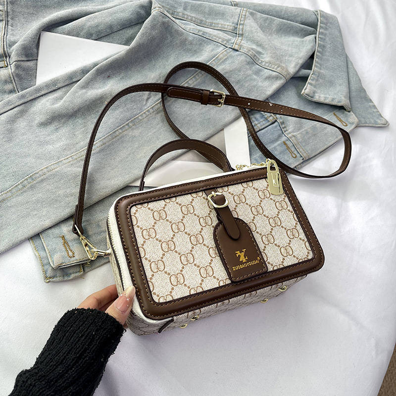 Box For Women 2025 New Printed Retro Handbag Versatile Shoulder Crossbody Small Square Bag Color Block_voghion.com
