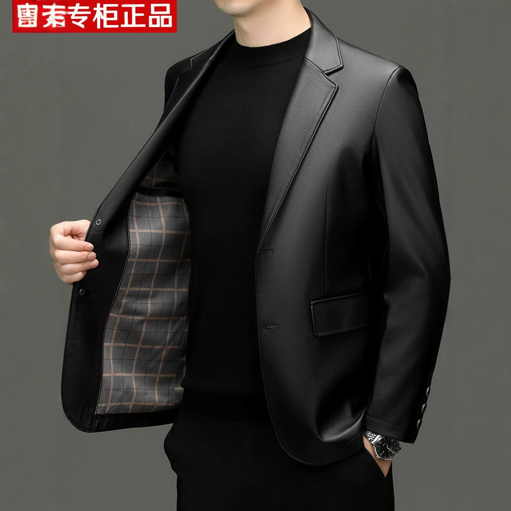 Authentic Haining genuine leather jacket for men, middle-aged and young fathers, with a suit collar, made from top-grain cowhide, a stylish leather jacket and suit coat