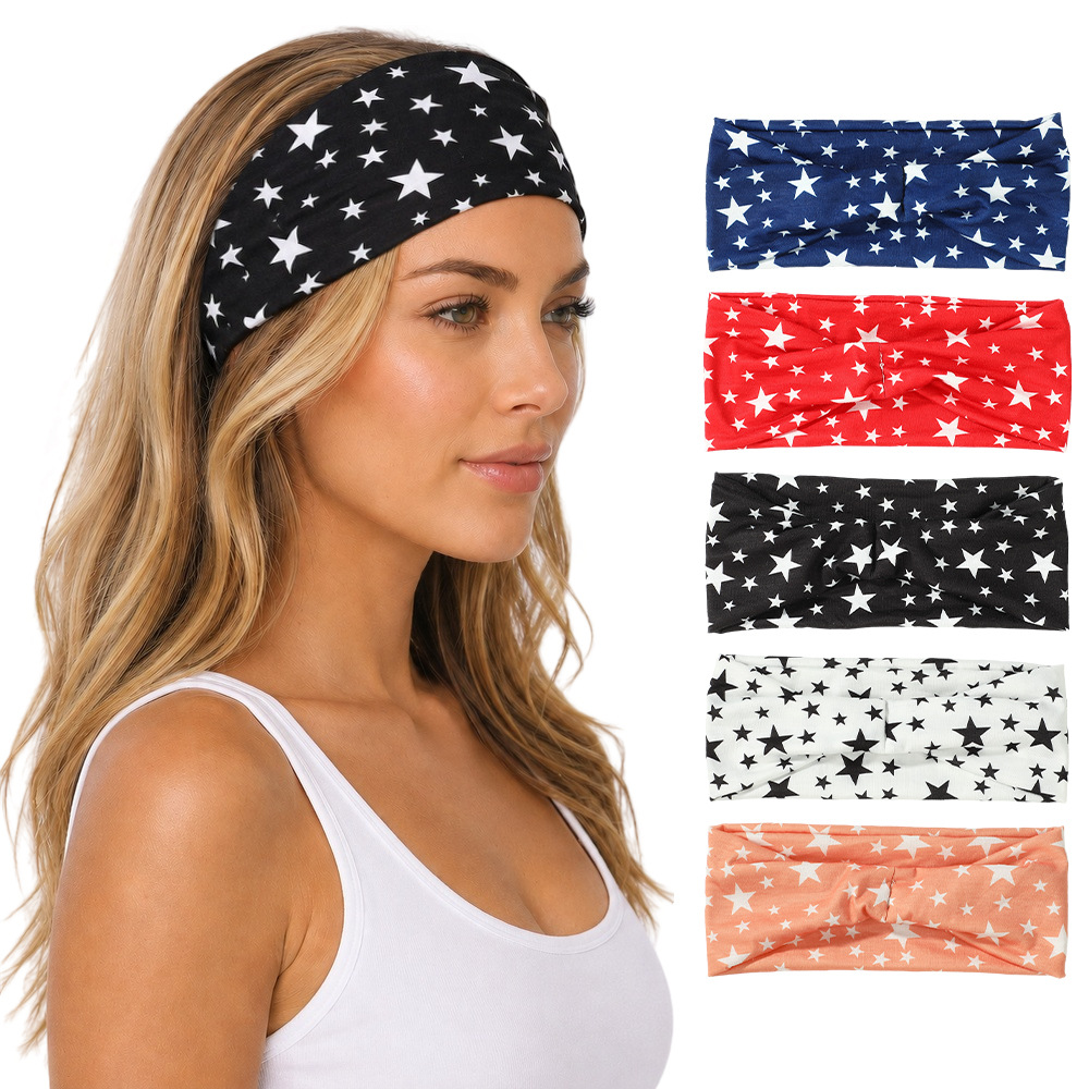 Cross-Border Five-Pointed Star Print Twist-Knot Wide-Brimmed Headband, Women's Fitness Sweat-Absorbing Hairband, European and American Casual Headband