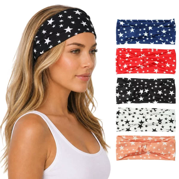 Cross-Border Five-Pointed Star Print Twist-Knot Wide-Brimmed Headband, Women's Fitness Sweat-Absorbing Hairband, European and American Casual Headband