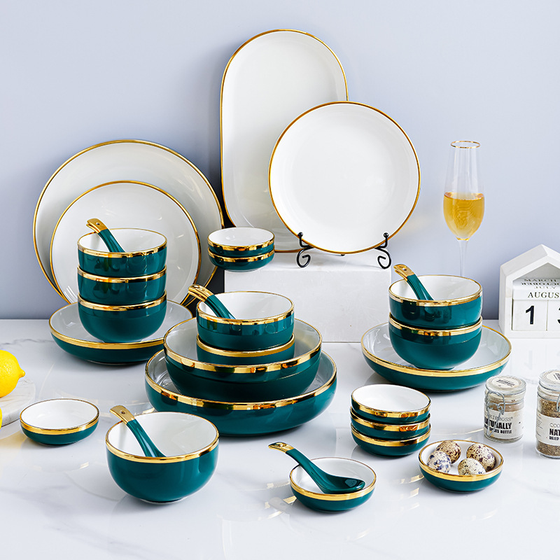Tazón de fuente y plato combinación hogar nórdico luz lujo oro borde arroz plato ins estilo creativo plato de cerámica vajilla traje