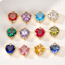 12色生日石心形DIY小吊坠18K金不锈钢石托爪镶爱心锆石饰品小配件