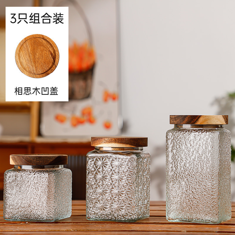 Hogar vintage Begonia flor realzada snack caramelo almacenamiento tarro bambú cubierta americana cocina transparente vidrio sellado frasco