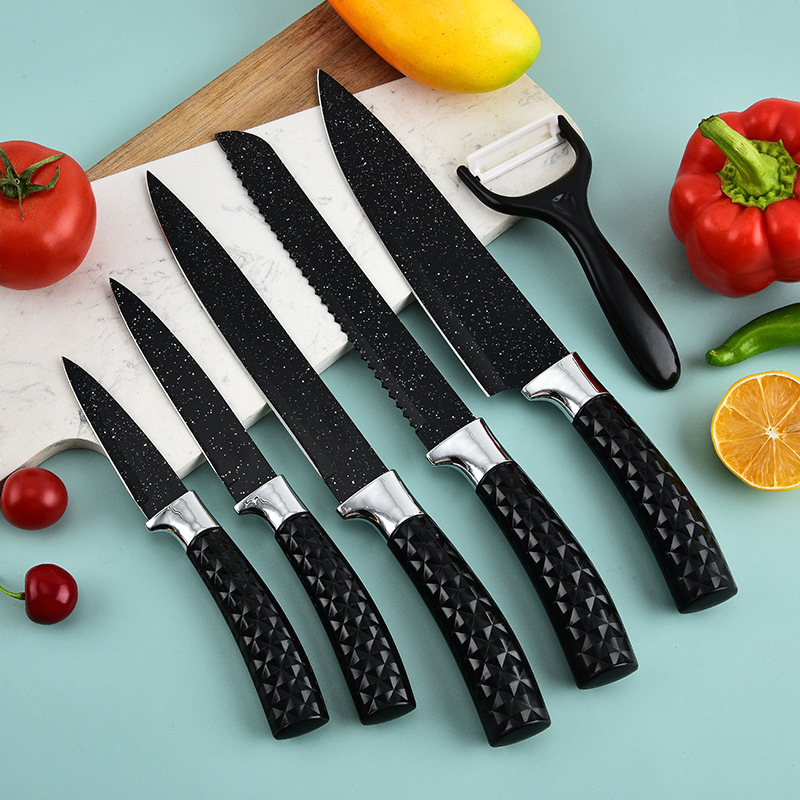 Cuchillo de mango de diamante de acero inoxidable 6 piezas cuchillo negro cuchillo de fruta cuchillo de cocina cuchillo de cocina cuchillo de cocina caja de regalo