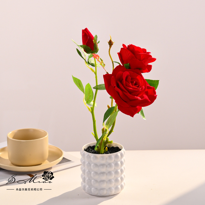 Bonsai de rosa de franela de tres cabezas, flores de simulación creativa, decoración de estudio fotográfico para el hogar, plantas verdes artificiales, plantas en macetas de simulación