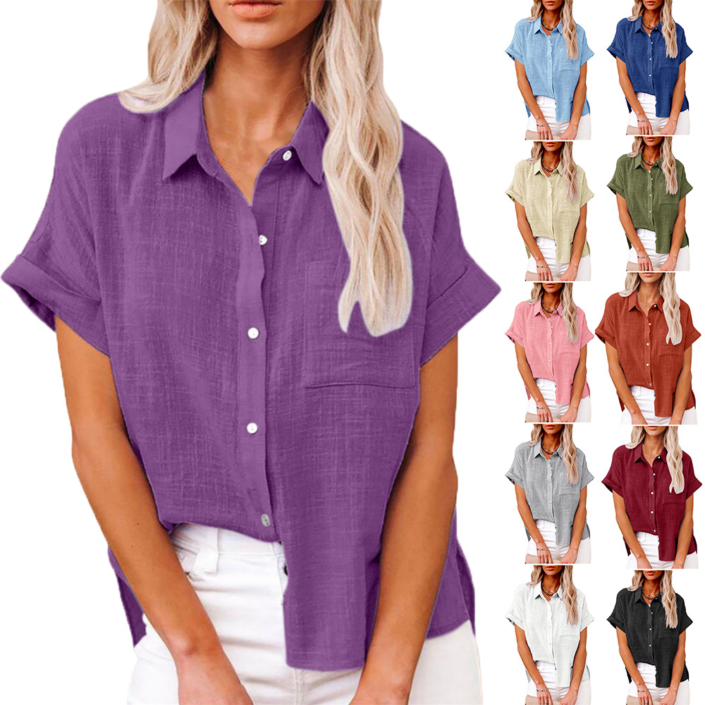 Women's Cotton Linen Short Sleeve Shirt With Pocket Spring/Summer Top For Commuter And Casual Wear_ecoleips.com