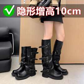 增高10cm~ 葡萄妈皮带扣方圆头褶皱中筒骑士西部褶皱堆堆裤管女靴