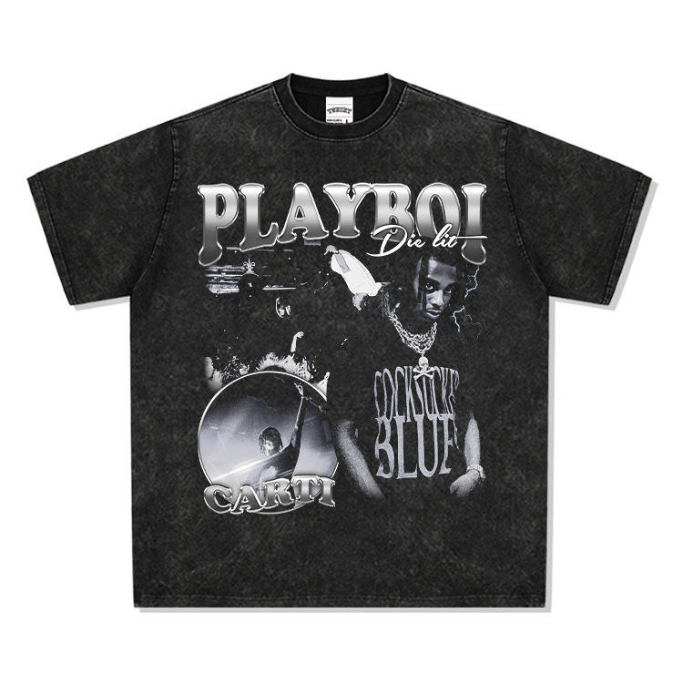 Playboi Carti Printed Short-Sleeved T-Shirt Hiphop European and American Hip-Hop Bottoming Shirt Retro Heavy Loose Top