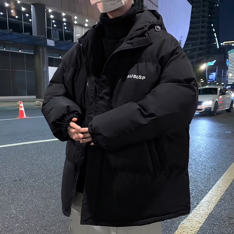 Hong Kong estilo invierno collar engrosada de algodón acolchado abrigo de los hombres de la juventud suelta color sólido impreso marca de moda abrigo de los hombres