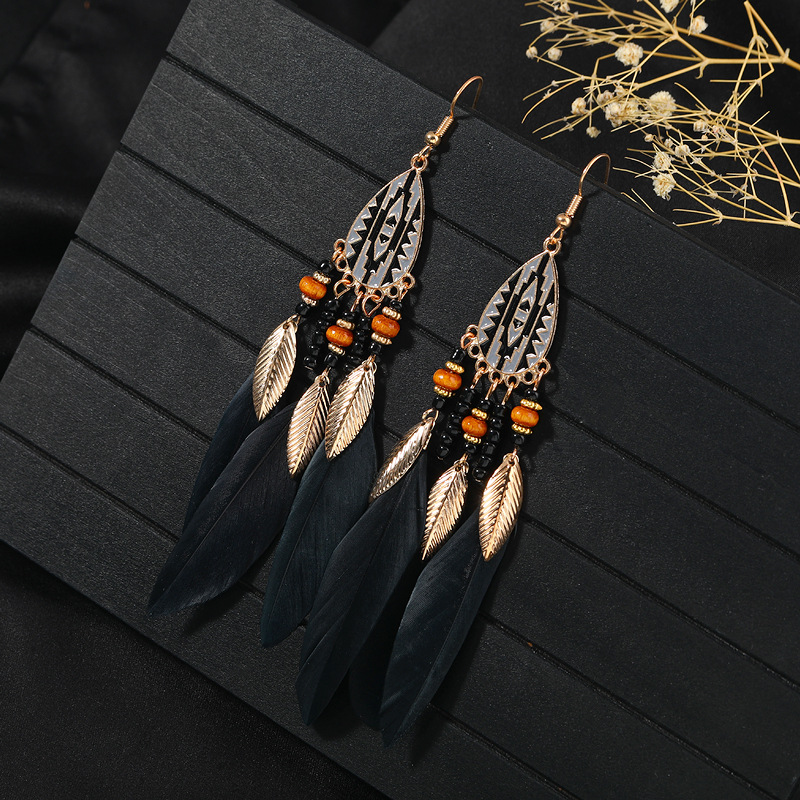 1 Pair Chinoiserie Ethnic Style Classic Style Water Droplets Tassel Alloy Feather Drop Earrings display picture 6