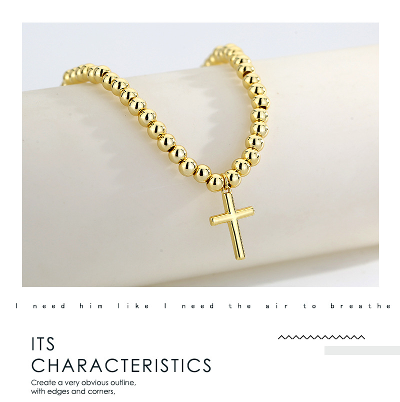 Gold Plated Beaded Charm Bracelet Minimalist Cross Design_voghion.com