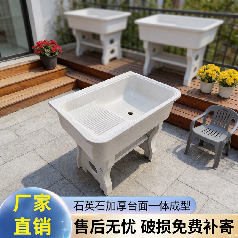 Flat-Edge Quartz Stone Laundry Sink, Mop Sink, Balcony Outdoor Integrated Basin with Washboard