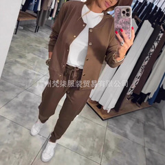 2025秋跨境欧美外贸亚马逊纯色宽松针织开衫外套直筒长裤休闲套装