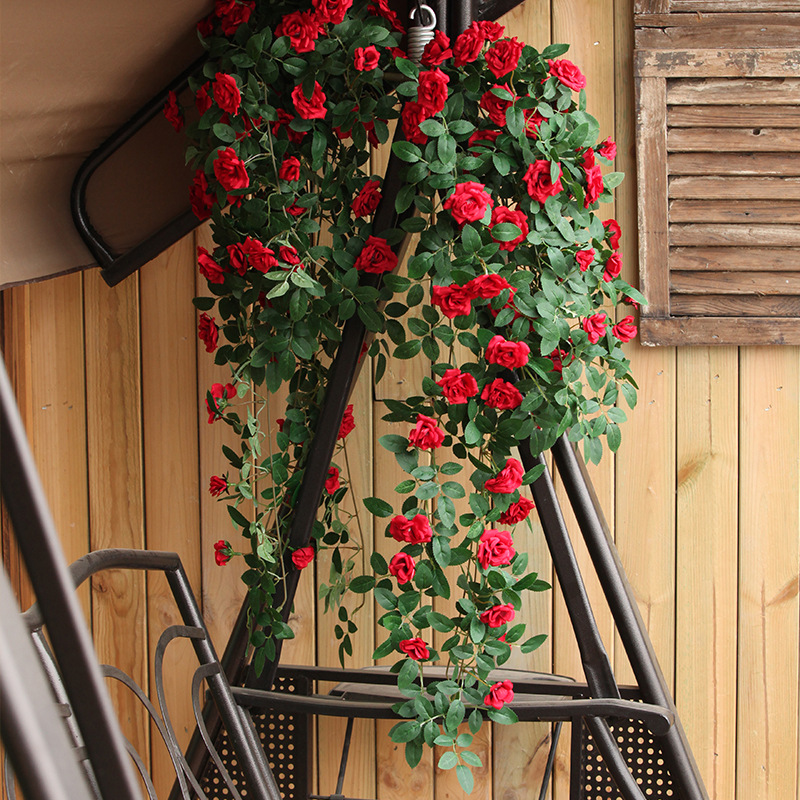 Simulated Rose Vine Wall Hanging Artificial Flower Stems Living Room Wall Decor Green Plant Ceiling Suspension Indoor Pipe Wall Hanging Floral Art