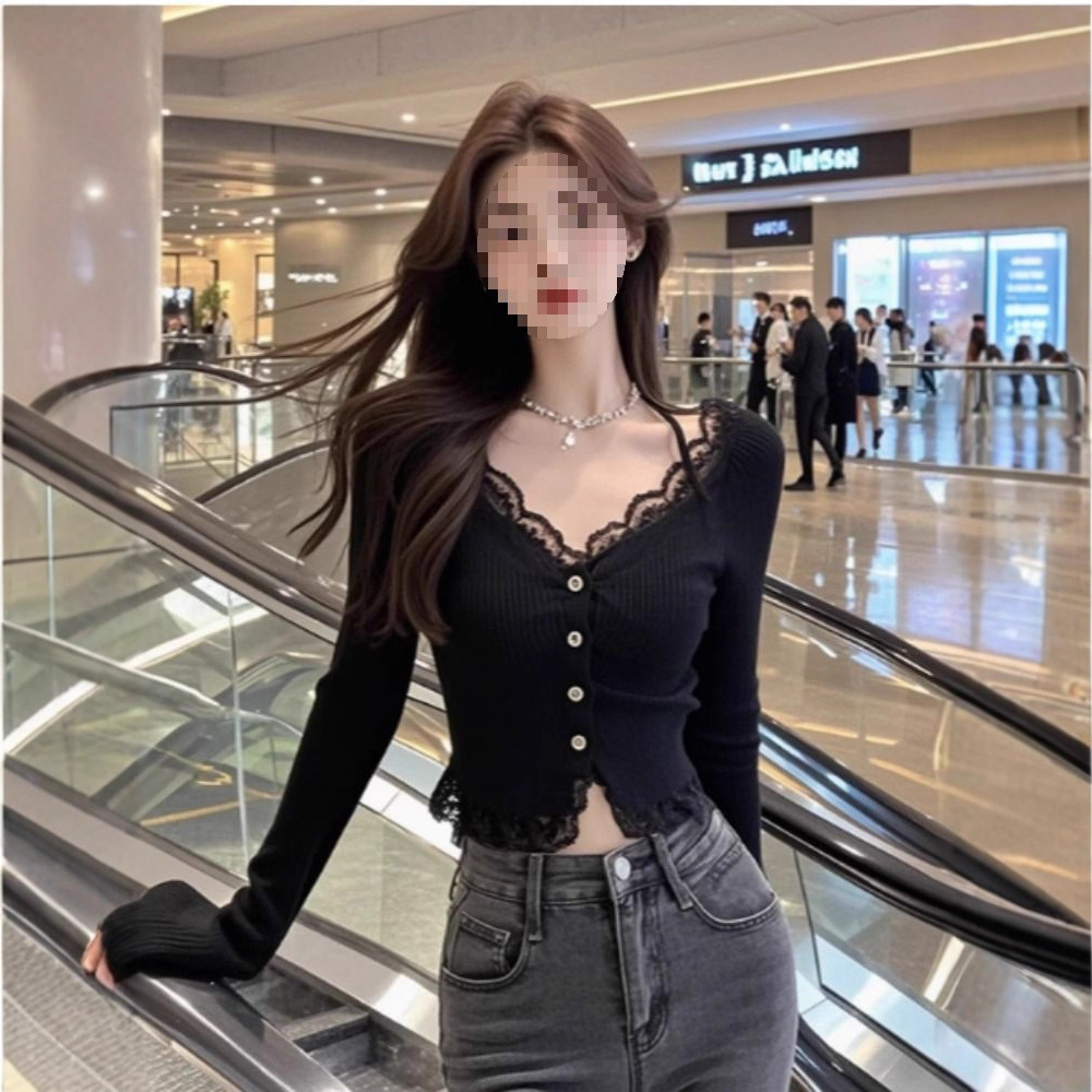 6500#黑色V领蕾丝拼接针织开衫短款上衣女显瘦修身性感纯欲T恤