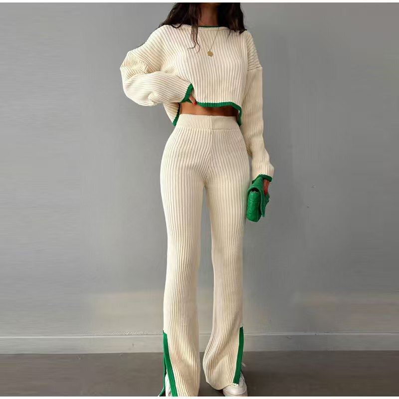In-Stock Autumn and Winter European and American Foreign Trade New Cross-Border Russian Long-Sleeve Sweater Set Knitted Top and Pants Set for Women In-Stock Autumn and Winter European and American Foreign Trade New Cross-Border Russian Long-Sleeve Sweater Set Knitted Top and Pants Set for Women