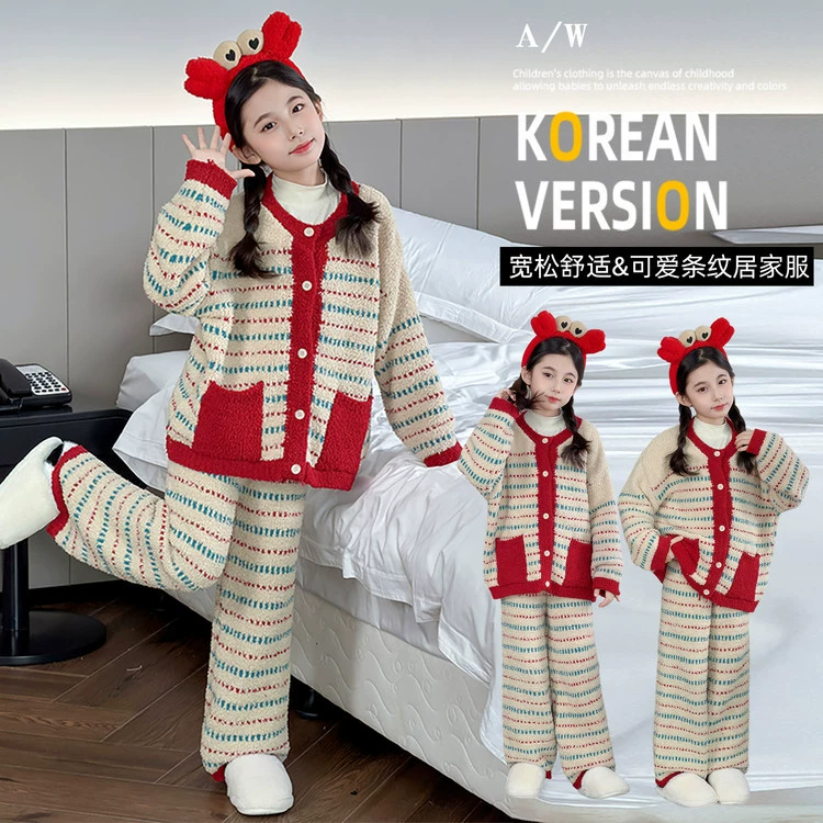 Комплект домашней одежды для девочек 2024 новый детский повседневный бархат плюс бархатный теплый пижама в полоску пижамы