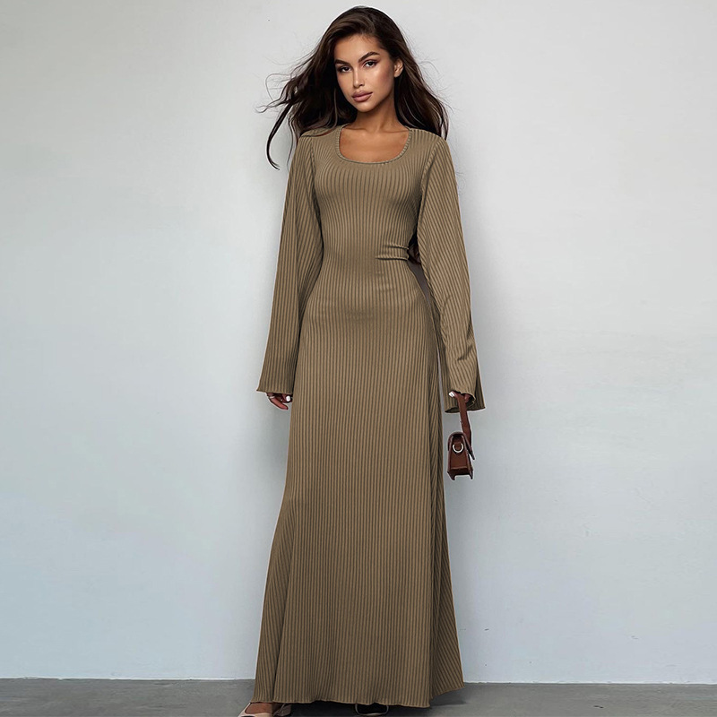 women's clothing 2023 autumn new fashion loose U-neck back tie long-sleeved dress_senzul.com
