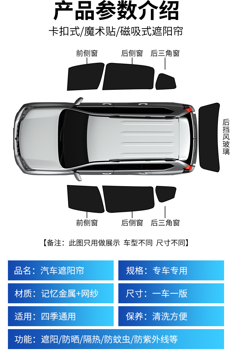 汽车遮阳帘车窗磁铁吸式车内实用防晒隔热前挡光板网纱遮光帘详情图17