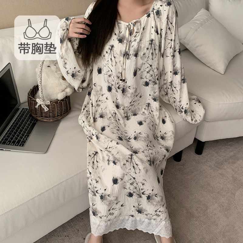 Al por mayor transfronterizo otoño nuevo pijama de mujer corbata redonda fija cojín de pecho pijama de algodón de manga larga nubes se puede usar fuera