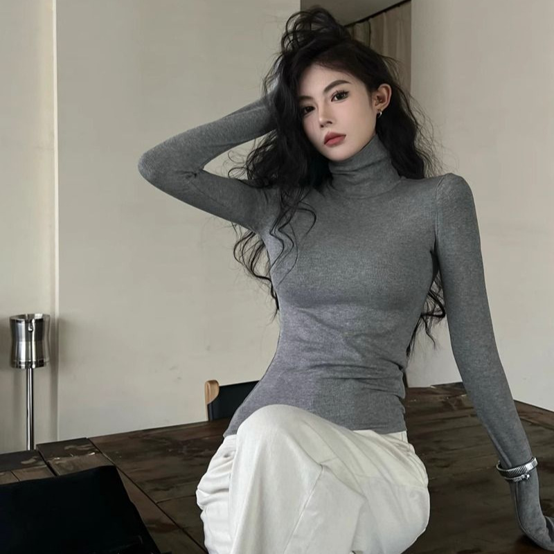 여성용 하이넥 긴팔 티셔츠 2025 봄 가을 블랙 슬림핏 기모 안감 보온 탄력성 이너웨어 기본 색상