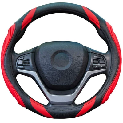 Cross-Border Fashion Splicing Car Steering Wheel Cover, Leather Handlebar Cover Available in All Seasons, Concave and Convex Massage Car Handlebar Cover (Steering wheel cover) - nail-yarn-film-o-black-red-38cm