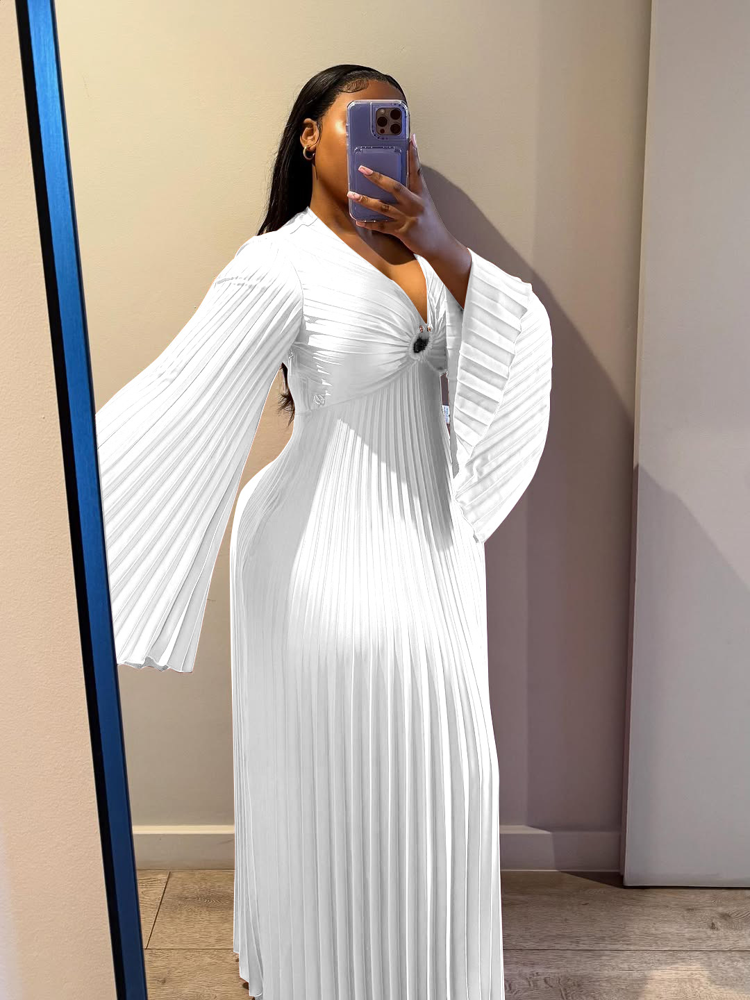 Women's Clothing Elegant Slim Fit Women's Dress V Neck Pleated Long Sleeve Solid Color Casual Spring/Autumn Dress_ecoleips.com
