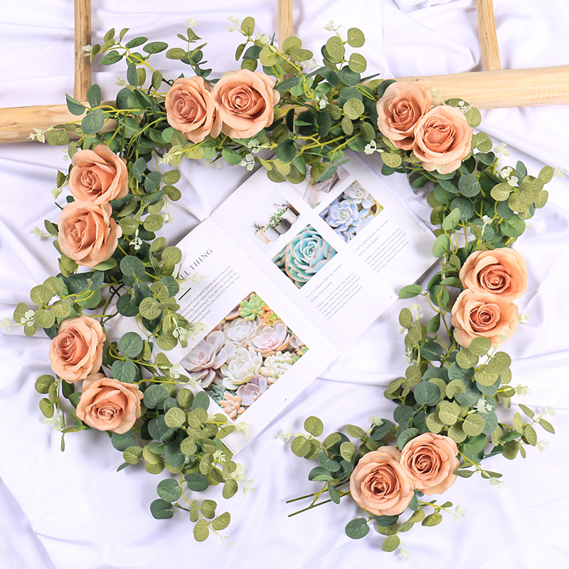 Eucalipto ratán Garland jardín arreglo de boda hojas de eucalipto Rose flor falsa simulación de arco dinero hoja de ratán