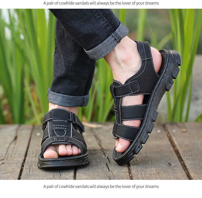 Dép sandal nam da bò hở ngón đi biển chống trượt — nâu, đen chi tiết 20