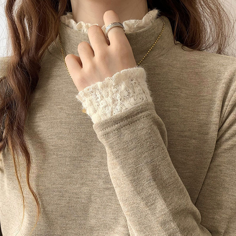 Korean-Style Wool Fleece Base Layer Half-Turtleneck Autumn and Winter New Long-Sleeve T-Shirt with Lace Inner Layer and New Design T-Shirt