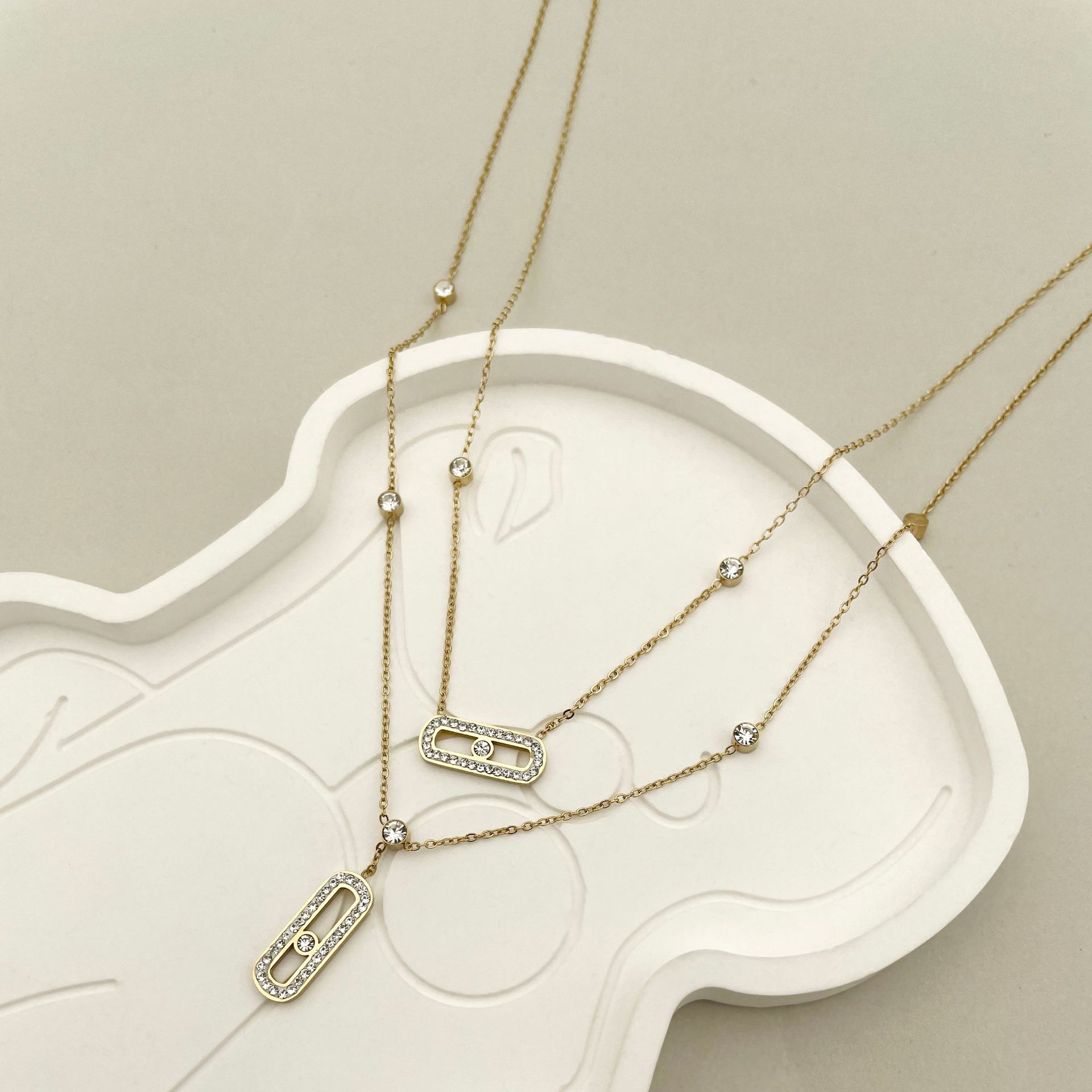 Fashion Paper Clip Stainless Steel Plating Zircon Layered Necklaces