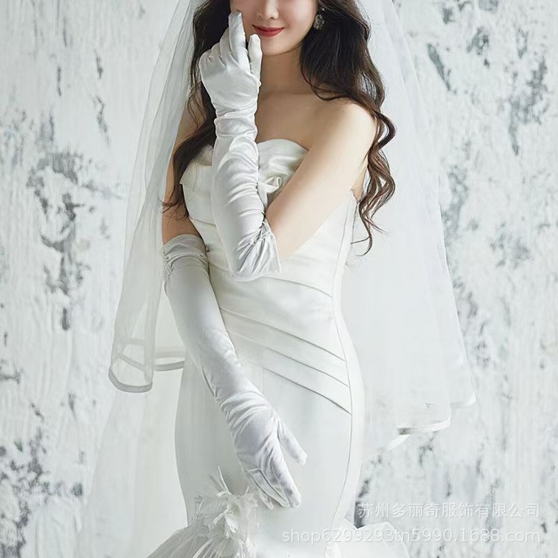 法式缎面婚纱手套白色复古长款新娘结婚晚宴礼服拍照写真礼仪手套