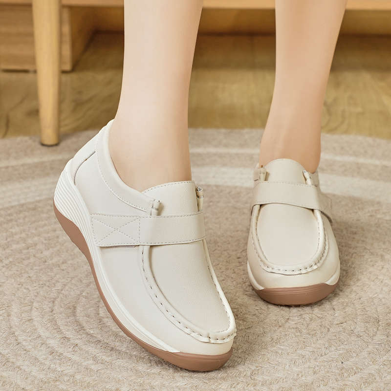 白鞋魔术贴牛筋底一脚蹬懒人便脱女土皮鞋坡跟不累脚女装单鞋平跟