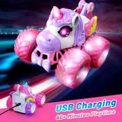 2.4G七色ライトミュージックダンプカー スパイダー360度スタントオフロードカー クロスボーダー両面ユニコーンリモコンカー