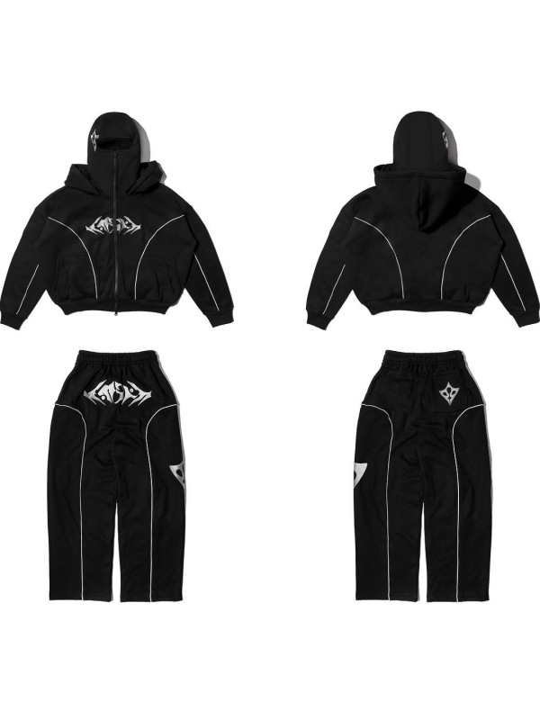 ヨーロッパとアメリカの国境を越えた冬の新製品インスタイルハイストリートスウェットシャツ男性と女性のダブルキャップ忍者マスクフード付きスウェットシャツとスウェットパンツ|undefined